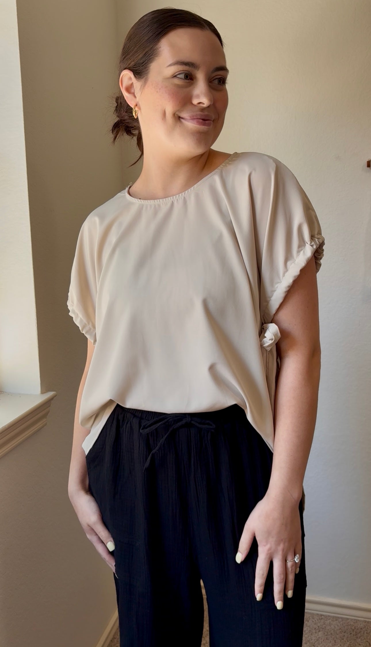 Dolman Sleeve Bow Tied High Low Solid Woven Top